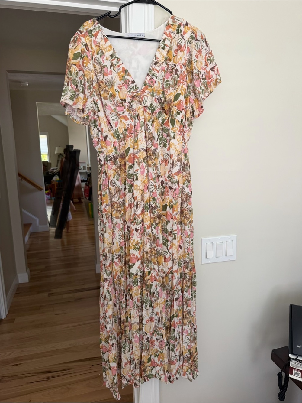Baltic Born Cream Floral V-Neck Maxi Dress with Pink and Mustard Accents
